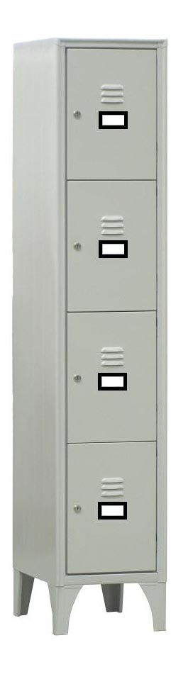 ARMOIRE VESTIAIRE MULTICASES, 1 COLONNE 4 CASES SUR PIEDS, FERMETURE A CLE, COULEUR GRIS RAL 7035