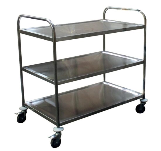 DESSERTE DEMONTABLE INOX 201, 3 NIVEAUX, 4 ROUES PIVOTANTES DONT 2 A FREINS