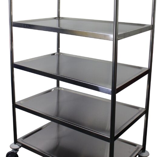 DESSERTE DEMONTABLE INOX , 5 NIVEAUX, 4 ROUES PIVOTANTES DONT 2 A FREINS