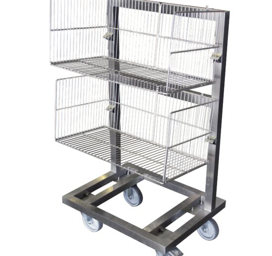 CHARIOT INOX SUPPORT 2 PANIERS A BARQUETTES DE DIM. 650X350X300 MM