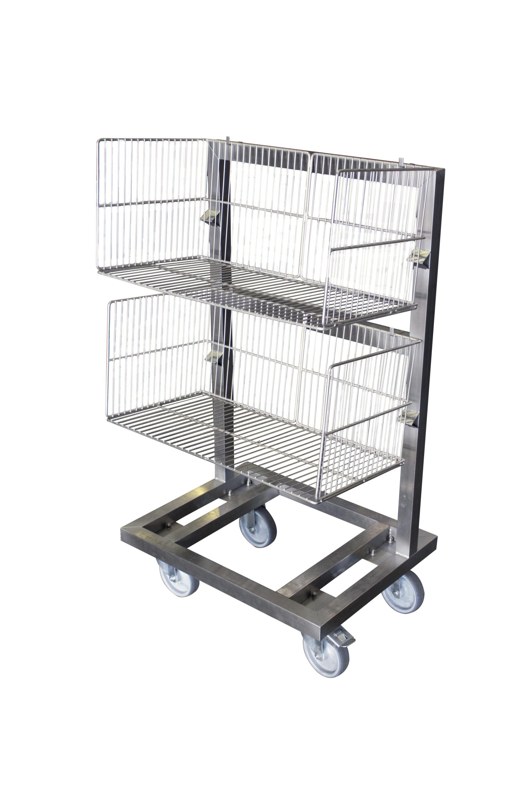 CHARIOT INOX SUPPORT 2 PANIERS A BARQUETTES DE DIM. 650X350X300 MM
