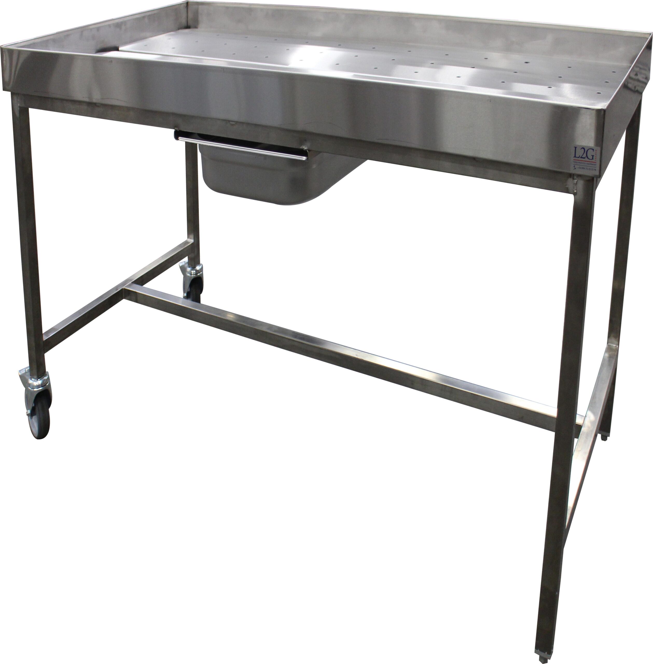 TABLE DE POUSSAGE INOX 304, AVEC GRILLE PERFOREE AMOVIBLE, 1 BAC DE RECUPERATION GN1/1-100