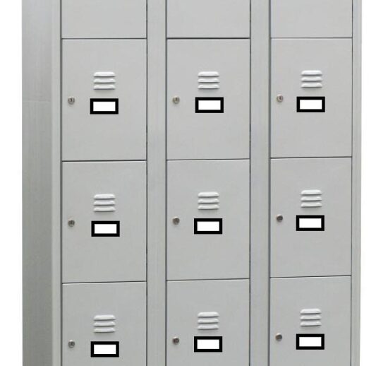 ARMOIRE VESTIAIRE MULTICASES, 3 COLONNES 12 CASES SUR PIEDS, FERMETURE A CLE, COULEUR GRIS RAL 7035