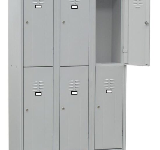 ARMOIRE VESTIAIRE MULTICASES, 3 COLONNES 6 CASES SUR PIEDS, FERMETURE A CLE, COULEUR GRIS RAL 7035