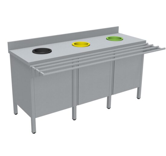 MEUBLE DE TRI INOX 304, 3 PORTES, AVEC RAMPE A PLATEAUX, AVEC DOSSERET, 3 TVO : 1N+1J+1V