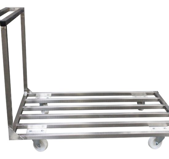 CHARIOT PLATEFORME INOX 304 PLATEAU BARREAUDE AVEC BARRE DE POUSSEE, CHARGE MAXI: 150 À 200 KG