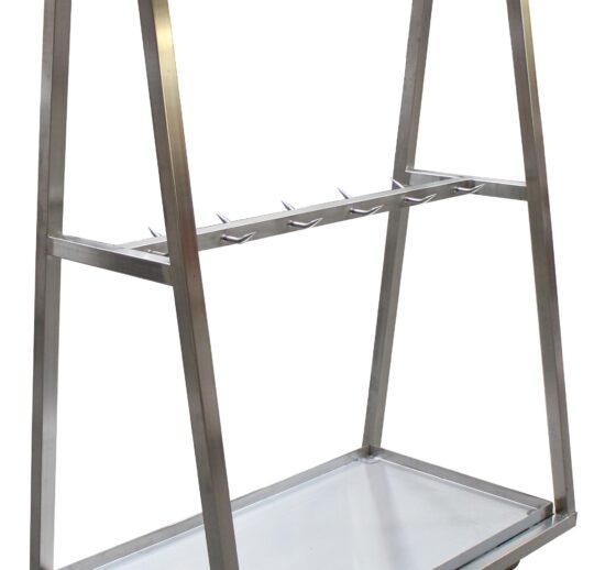 CHARIOT DETAILLAGE INOX 304, 2 NIVEAUX DE BARRE A DENTS, 22 DENTS, 4 ROULETTES PIVOTANTES D.100 MM