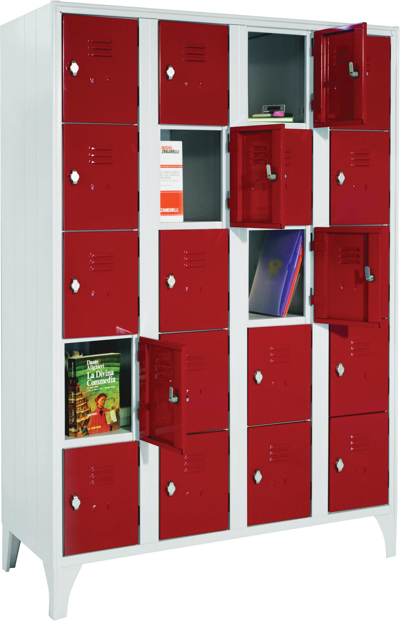 ARMOIRES A CONSIGNE SUR PIEDS, 4 COLONNES (20 CASES) SERRURE AVEC MONNAYEUR