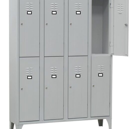 ARMOIRE VESTIAIRE MULTICASES, 4 COLONNE 8 CASES SUR PIEDS, FERMETURE A CLE, COULEUR GRIS RAL 7035