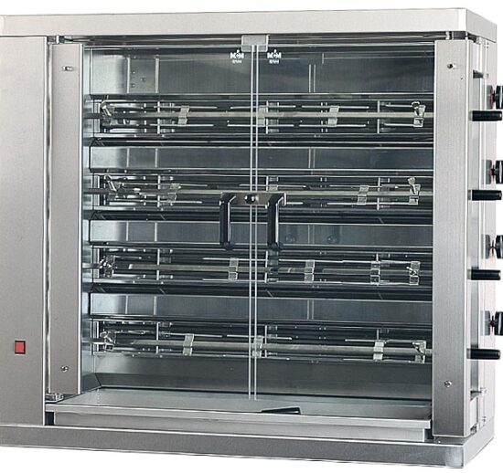 ROTISSOIRE ELECTRIQUE INOX 4 BROCHES EN V 24 POULETS, AVEC ECLAIRAGE INTERIEUR