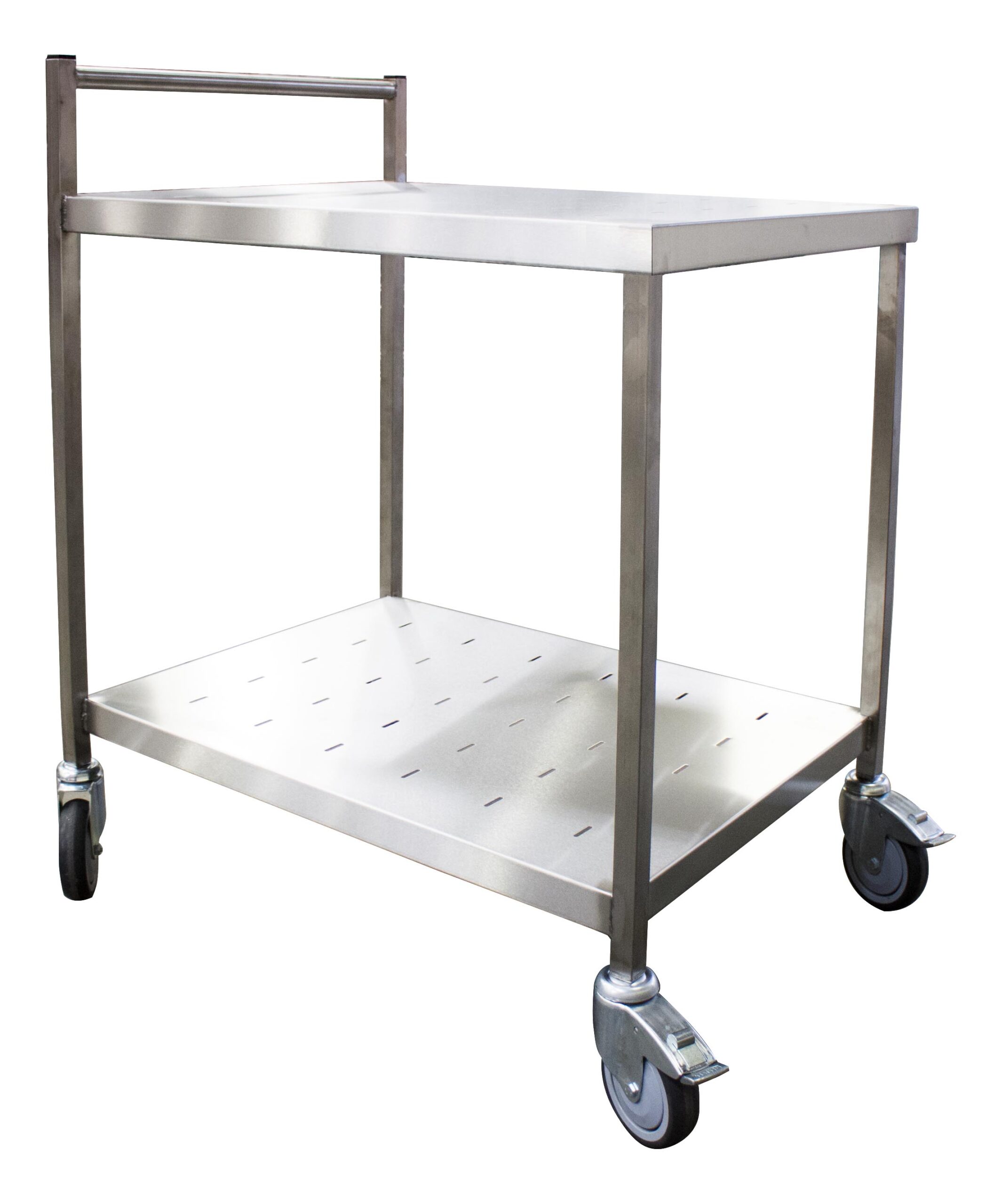 TABLE DE SERVICE ROULANTE INOX 304,2 NIV. PLATEAUX PERFORES AVEC BARRE DE POUSSEE, STRUCTURE