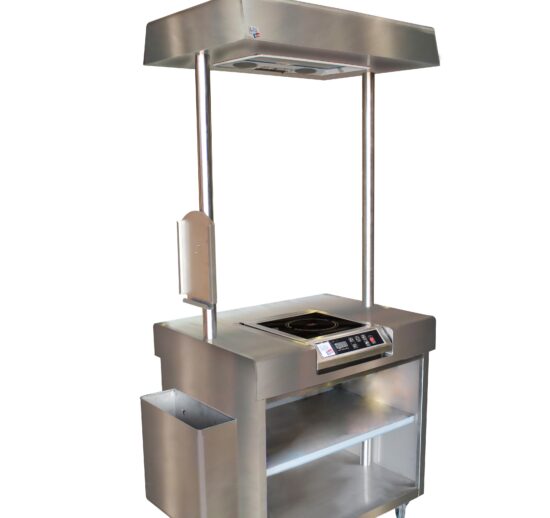 MEUBLE DE DEGUSTATION INOX 304, EQUIPE D'UNE PLAQUE A INDUCTION 3.5KW ET D'UNE HOTTE ENCASTREE