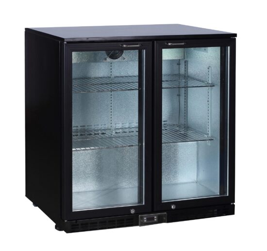 MEUBLE ARRIERE DE BAR, SKIN PLATE 0/+8°C, 2 PORTES BATTANTES VITREES, 4 CLAYETTES