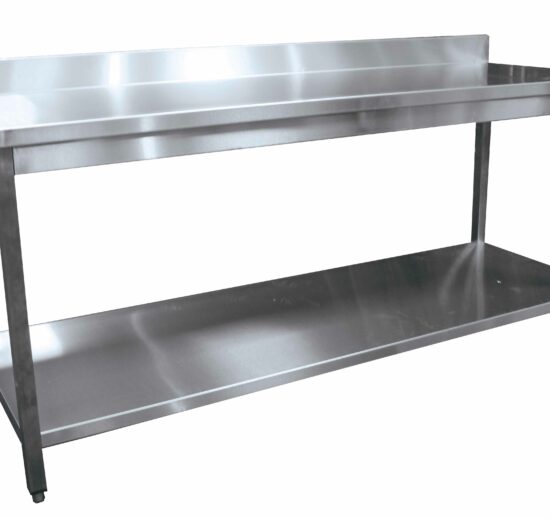 TABLE DEMONTABLE ADOSSEE AVEC ETAGERE, PIEDS CARRES, VERINS INOX