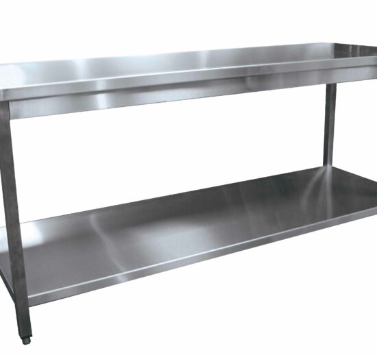 TABLE DEMONTABLE CENTRALE AVEC ETAGERE, PIEDS CARRES, VERINS INOX
