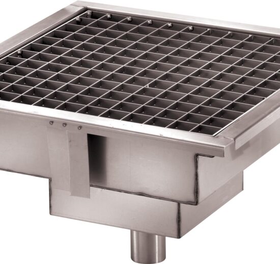 CANIVEAU INOX GRILLE A DECHETS AMOVIBLE, SIPHON SORTIE HORIZONTALE D.50 MM