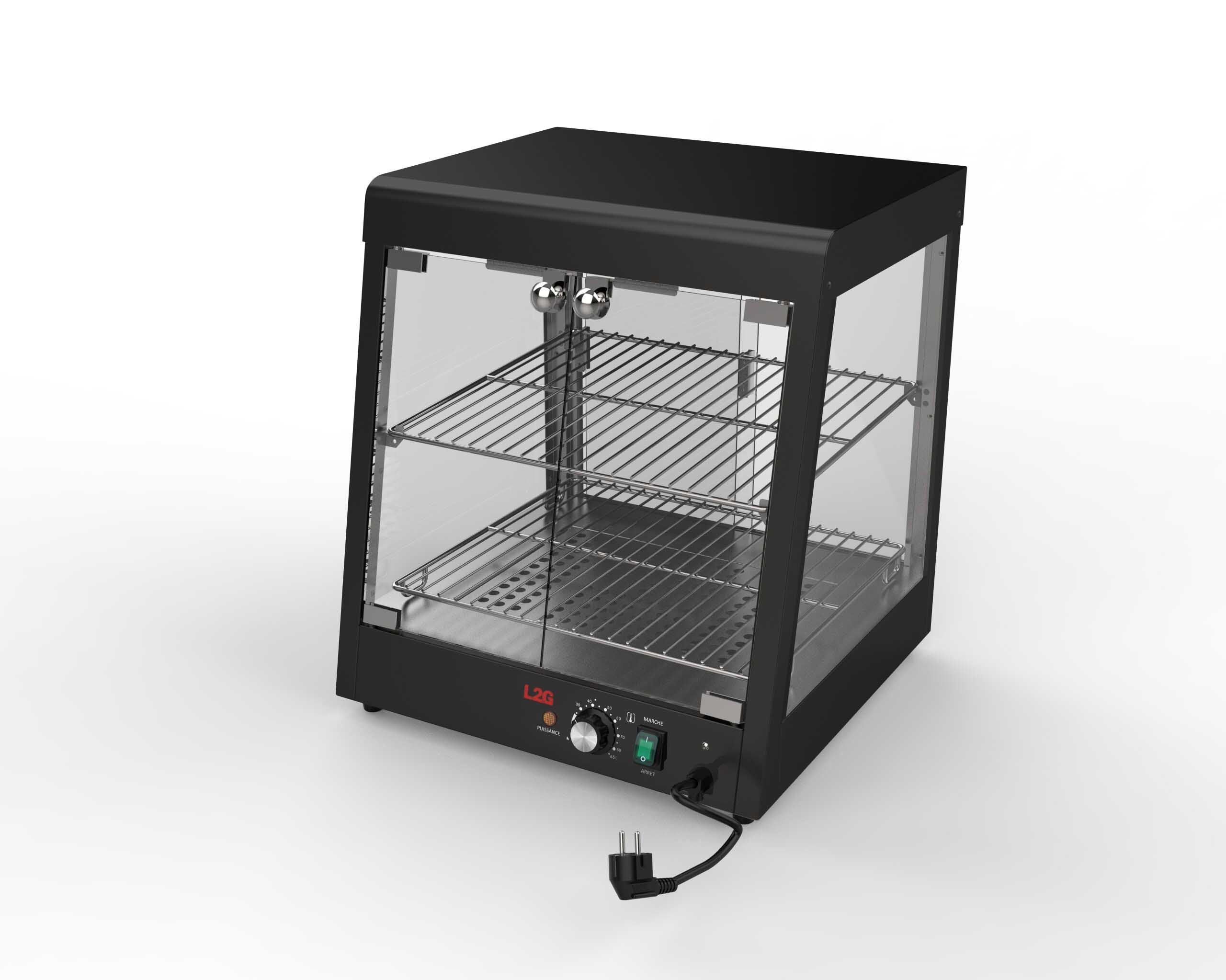 VITRINE CHAUFFANTE TRAVERSANTE NOIRE A POSER 2 NIVEAUX DE PRESENTATION