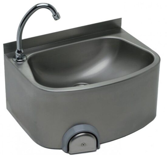 LAVE-MAINS INOX 304 SANS DOSSERET COMMANDE FEMORALE PAR BOUTON POUSSOIR