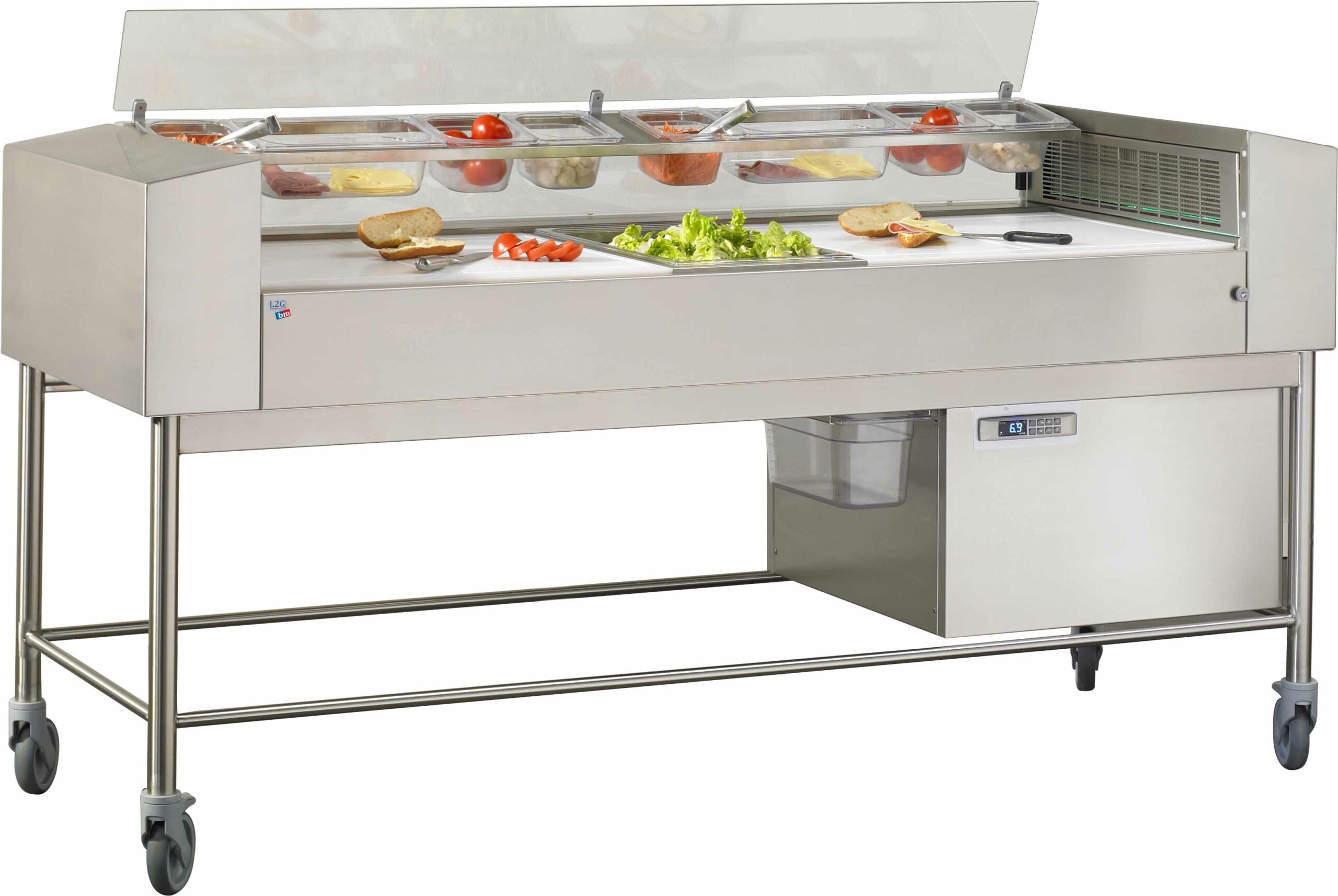 TABLE DE PREPARATION FROIDE A FLUX LAMINAIRE PLAN DE TRAVAIL AVEC 3 PLAQUES POLY GN1/1 EP.20 MM