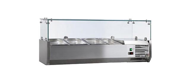 VITRINE A INGREDIENTS INOX, +2/+8°C, AVEC PARE-HALEINE, 3GN1/3-150 + 1GN1/2-150 NON COMPRIS