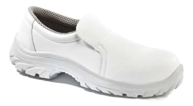 MOCASSINS BLANCS DE SECURITE EN CUIR, EMBOUT ACIER AGRO-ALIMENTAIRE, FERMETURE ELASTIQUE. TAILLE : 37