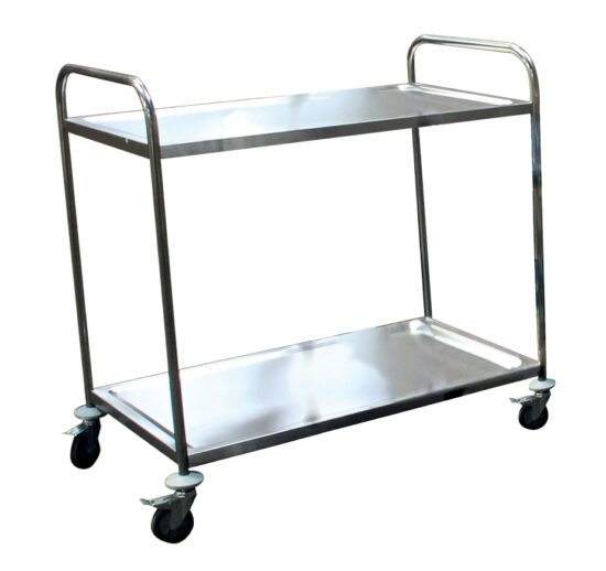 DESSERTE DEMONTABLE INOX 201, 2 NIVEAUX, 4 ROUES PIVOTANTES DONT 2 A FREINS
