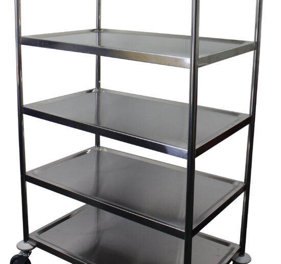 DESSERTE DEMONTABLE INOX , 5 NIVEAUX, 4 ROUES PIVOTANTES DONT 2 A FREINS