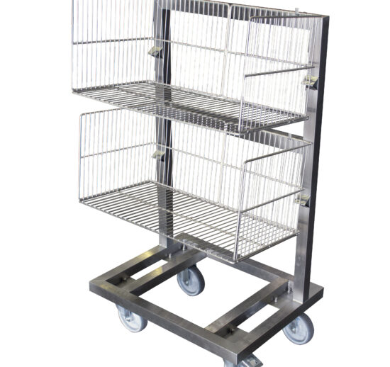 CHARIOT INOX SUPPORT 2 PANIERS A BARQUETTES DE DIM. 650X350X300 MM