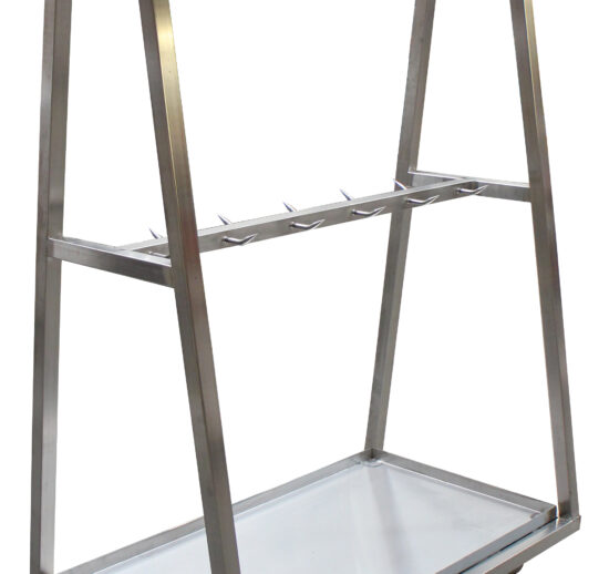 CHARIOT DETAILLAGE INOX 304, 2 NIVEAUX DE BARRE A DENTS, 34 DENTS, 4 ROULETTES PIVOTANTES D.100 MM