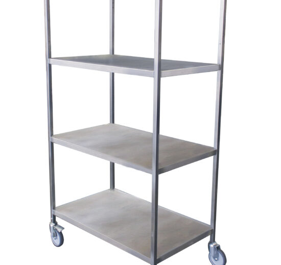 ETAGERE PLEINE INOX 304 4 NIVEAUX SPECIAL PAD SUR 4 ROULETTES D.125 CHAPE ZINGUEE DONT 2AF