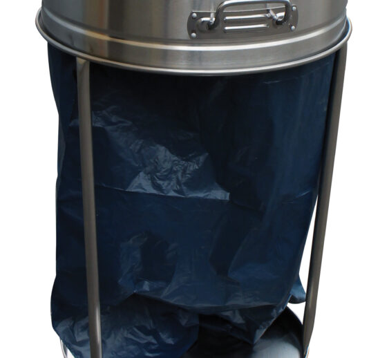 SUPPORT ROULANT INOX POUR SAC POUBELLE 110 L, COMMANDE A PEDALE, AVEC ELASTIQUE