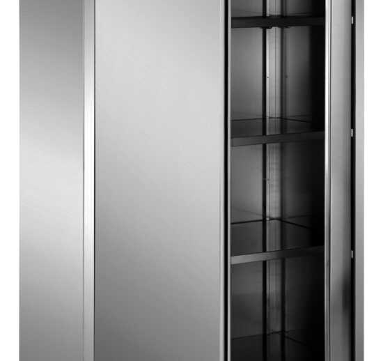 ARMOIRE HAUTE INOX 304, TOIT PLAT, 2 PORTES BATTANTES DOUBLEES, 3 ETAGERES REGLABLES