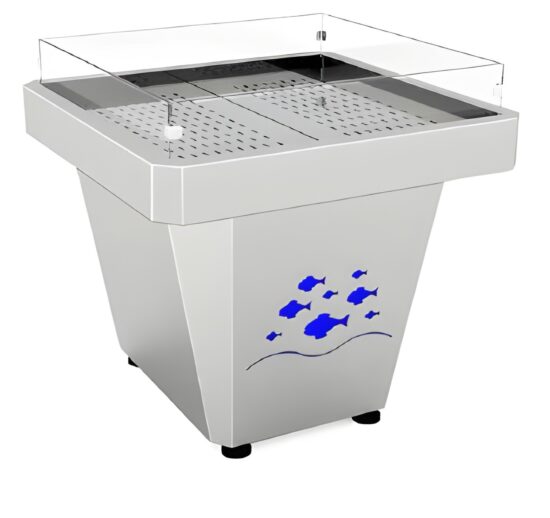 ILOT PROMO REFRIGERE INOX 304 SUR SOUBASSEMENT PLEIN, 2 GRILLES DE FOND AMOVIBLES, PARE-HALEINE