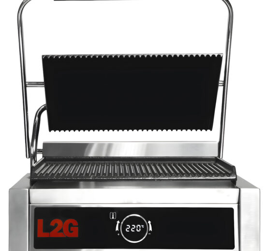 GRILL PANINI 1 PLAQUE RAINUREE DESSUS/DESSOUS EN FONTE REVETEMENT CERAMIQUE, AFFICHEUR DIGITAL