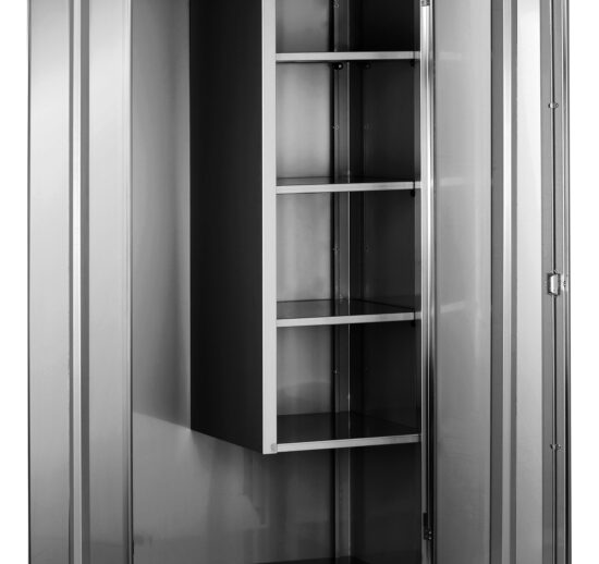 ARMOIRE BALAIS INOX 1 PORTE 1 COTE 3 ETAGERES REGLABLES + 1 FIXE