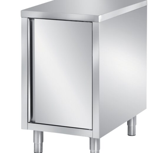 MEUBLE BAS INOX, CENTRAL 1 PORTE BATTANTE DOUBLEE, 1 ETAGERE REGLABLE