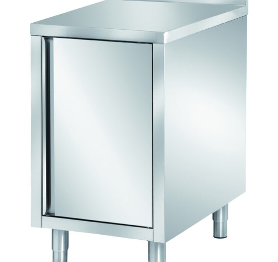 MEUBLE BAS INOX 304, ADOSSE 1 PORTE BATTANTE DOUBLEE, 1 ETAGERE REGLABLE