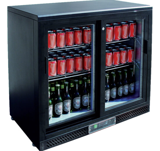 MEUBLE ARRIERE DE BAR, SKIN PLATE 0/+8°C, 2 PORTES COULISSANTES VITREES, 4 CLAYETTES