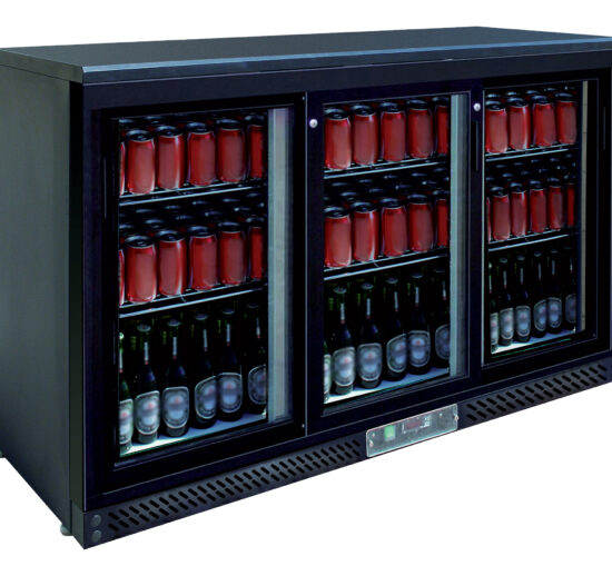 MEUBLE ARRIERE DE BAR, SKIN PLATE 0/+8°C, 3 PORTES COULISSANTES VITREES, 6 CLAYETTES