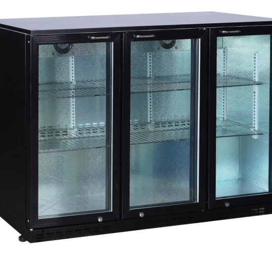 MEUBLE ARRIERE DE BAR SKIN PLATE 0/+8°C, 3 PORTES BATTANTES VITREES, 6 CLAYETTES