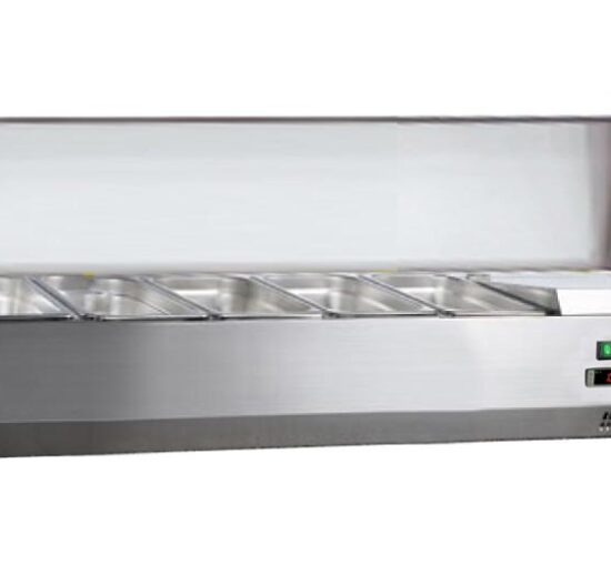VITRINE A INGREDIENTS INOX, +2/+8°C, GAZ R600A COUVERCLE INOX, 4GN1/3 + 1GN1/2-150, NON COMPRIS