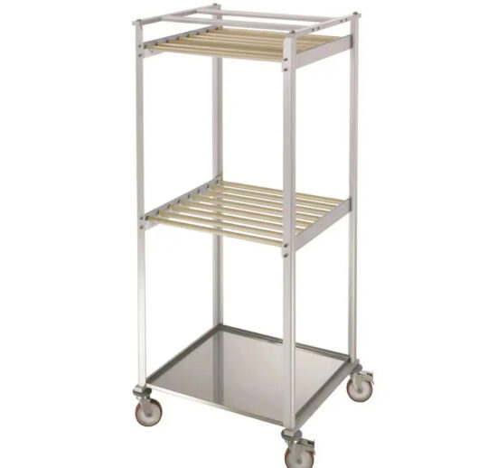 CHARIOT DE SECHAGE ALUMINIUM 2 NIVEAUX, 16 BARRES ACCROCHE-CHARCUTERIE EN BOIS, AVEC BASSINE