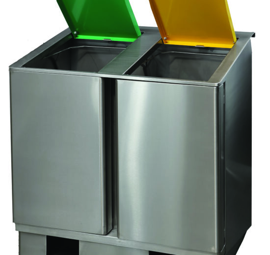 POUBELLE DE TRI SELECTIF INOX 304 A OUVERTURE FRONTALE, 2 PORTES BATTANTES, COUVERCLES AVEC