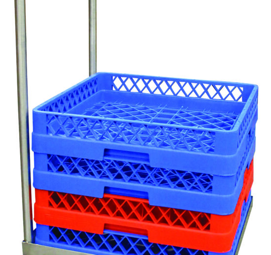 SOCLE INOX PORTE-PANIERS POUR LAVE-VAISSELLE, AVEC BARRE DE POUSSEE