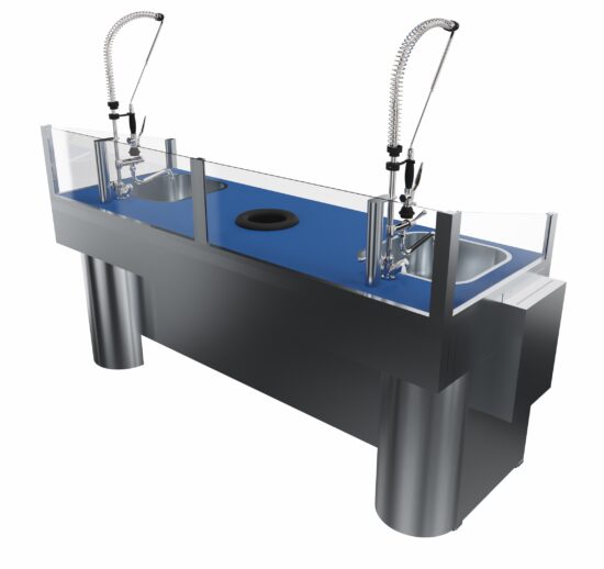 COMBINE DE PREPARATION POISSON DOUBLE POSTE DESSUS POLY BLEU AVEC DEUX BACS 400X400 MM
