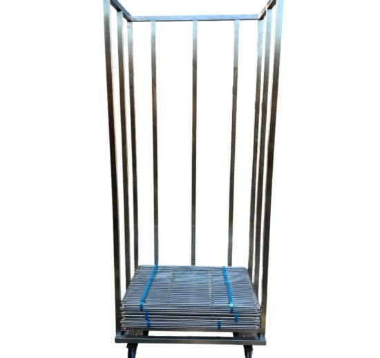 CHARIOT PORTE GRILLES, INOX 304, 1 ESPACE DE STOCKAGE POUR GRILLES FORMAT 600X400, SUR 4 ROUES