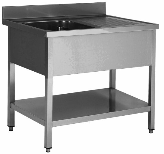 PLONGE INOX 304 DEMONTABLE, 1 BAC 400X500X250 MM PIEDS CARRES, EGOUTTOIR A DROITE , ETAGERE BASSE
