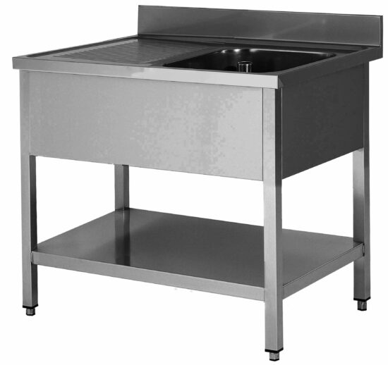 PLONGE INOX 304 DEMONTABLE, 1 BAC 500X500X300 MM PIEDS CARRES, EGOUTTOIR A GAUCHE , ETAGERE BASSE
