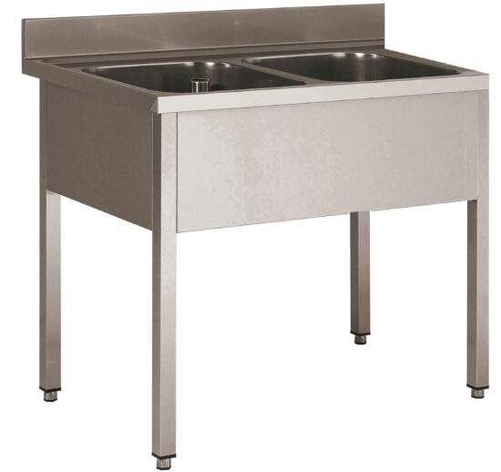 PLONGE INOX 304 DEMONTABLE, 2 BACS 500X500X300 MM PIEDS CARRES, SANS EGOUTTOIR
