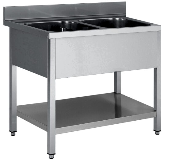 PLONGE INOX 304 DEMONTABLE, 2 BACS 500X500X300 MM PIEDS CARRES, SANS EGOUTTOIR , ETAGERE BASSE